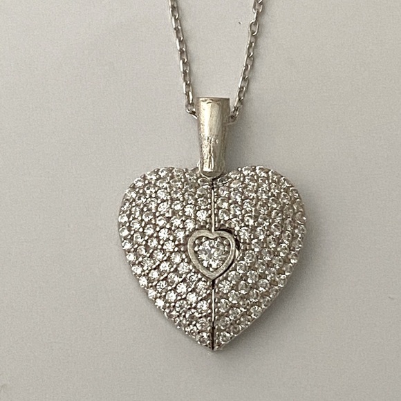 925 Silver double heart initial name cz necklace - Picture 2 of 5